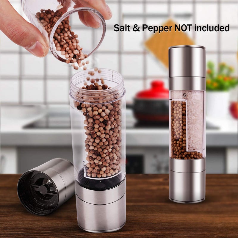 Mixoo Salt and Pepper Grinder - 2 in 1 Manual Stainless Steel Salt Pepper Mill Herb Spice Grinder Shakers Refillable with Adjustable Coarseness Ceramic Rotor and Dual Clear Acrylic Chamber - Image 4